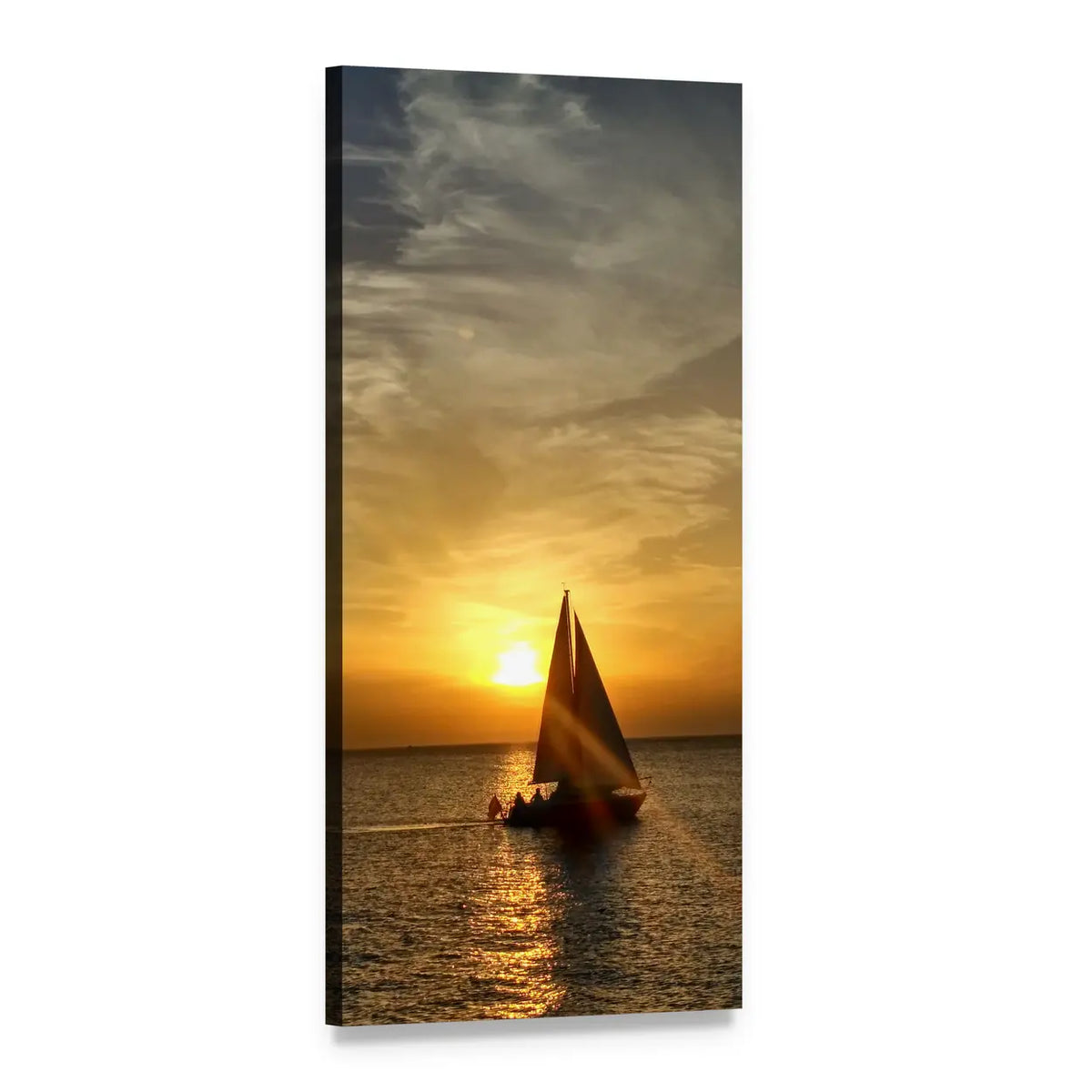 Sailboat Silhouette at Sunset Vertical Canvas Wall Art, 1 panel 1 Vertical layout gallery wrapped canvas set, angled product view