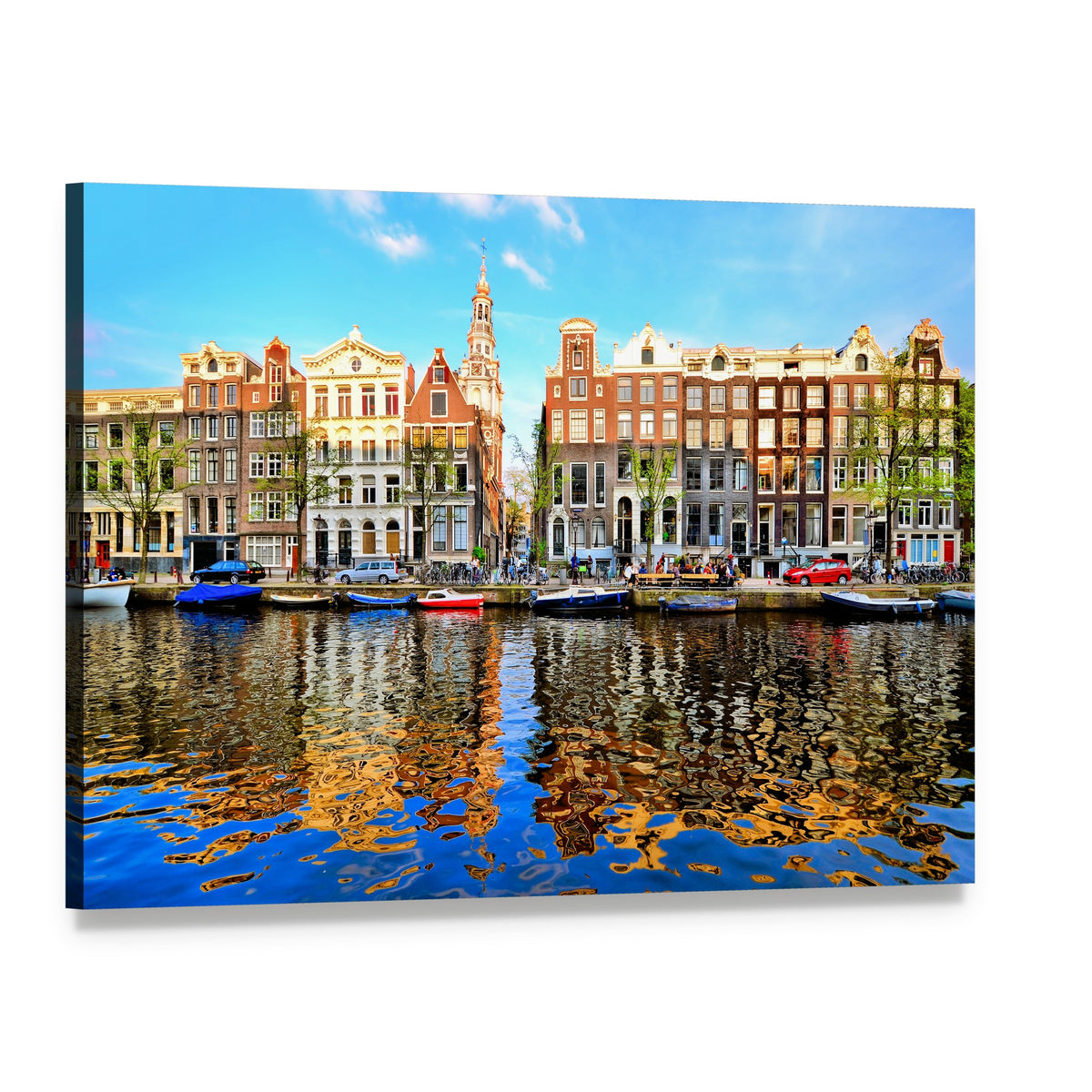 Colorful Canal Houses of Amsterdam Canvas Wall Art, single panel gallery wrapped canvas, angled product view