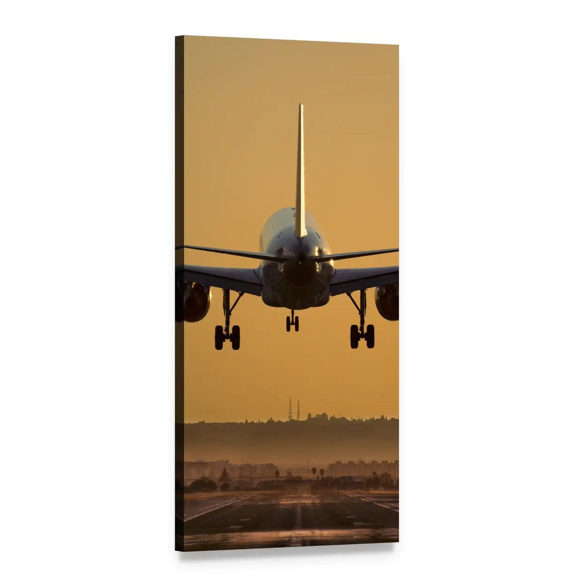 Passenger Jet Landing at Golden Hour Vertical Canvas Wall Art, 1 panel 1 Vertical layout gallery wrapped canvas set, angled product view
