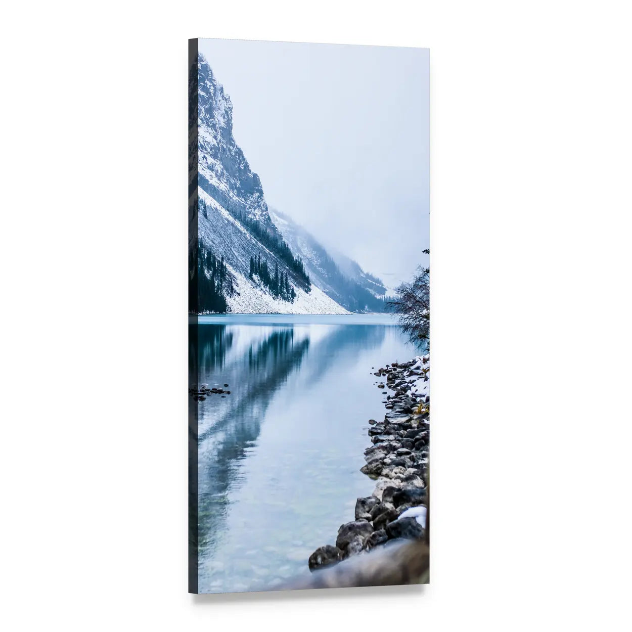 Snow-dusted Mountain Reflected in Lake Vertical Canvas Wall Art, 1 panel 1 Vertical layout gallery wrapped canvas set, angled product view