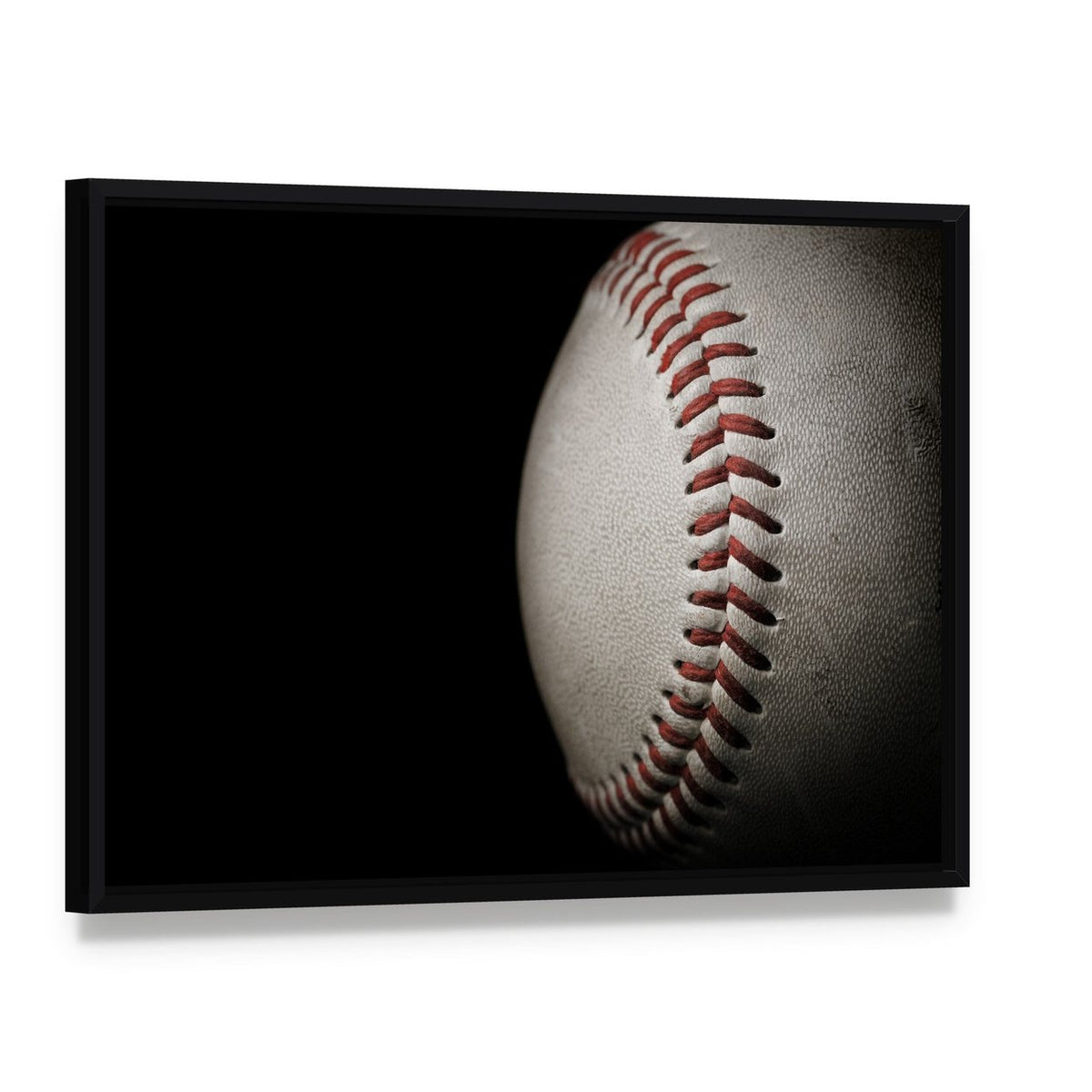 Baseball Canvas Wall Art, framed canvas in a black floater frame, angled product view