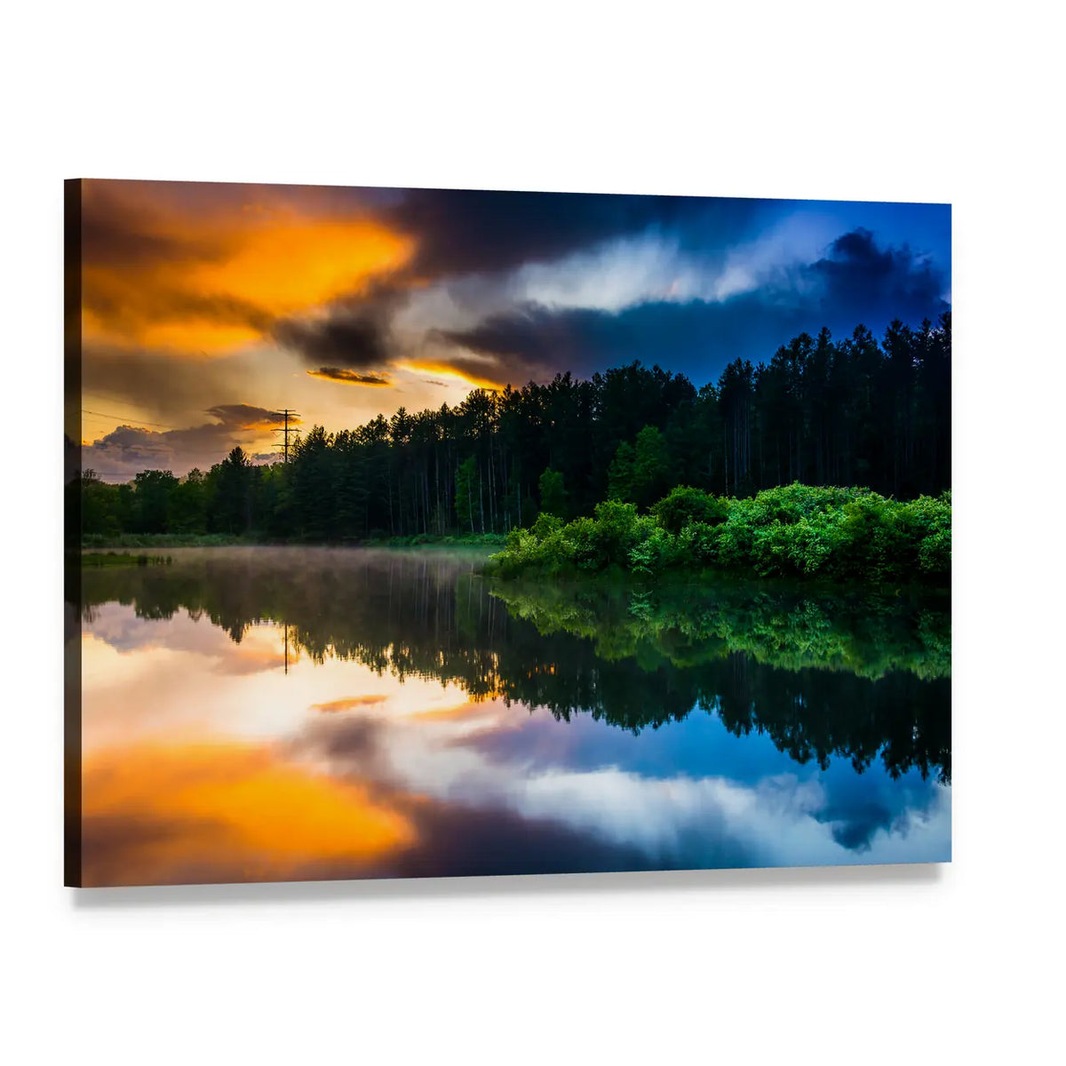 Sunset Sky Over Reflective Pond Canvas Wall Art, single panel gallery wrapped canvas, angled product view