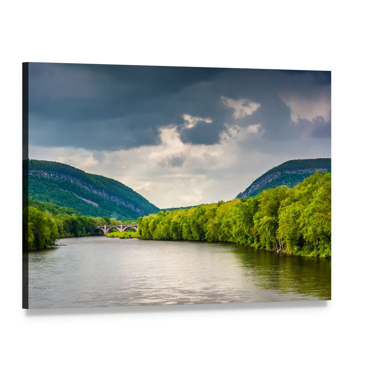 Delaware River with Stone Bridge Canvas Wall Art, single panel gallery wrapped canvas, angled product view