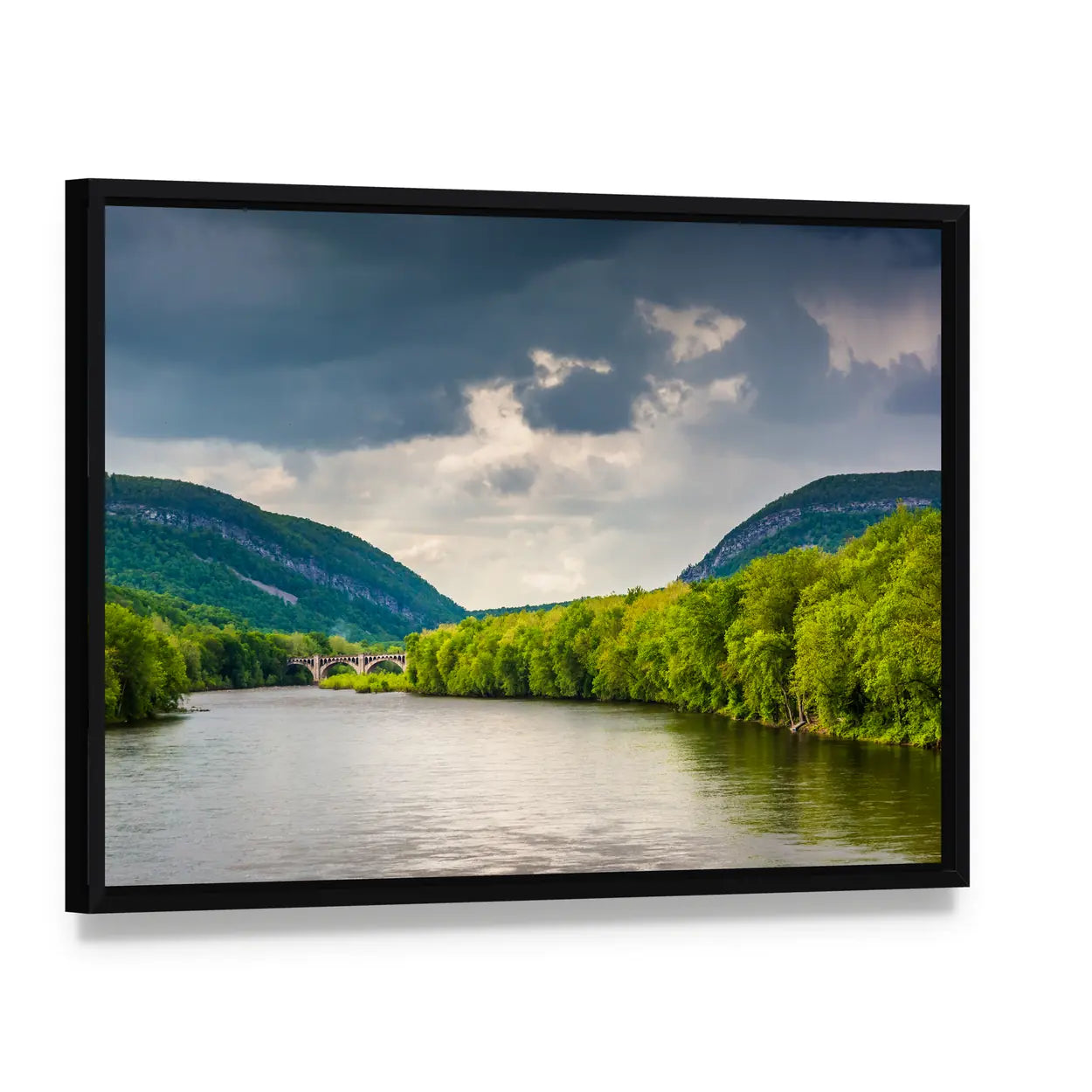 Delaware River with Stone Bridge Canvas Wall Art, framed canvas in a black floater frame, angled product view