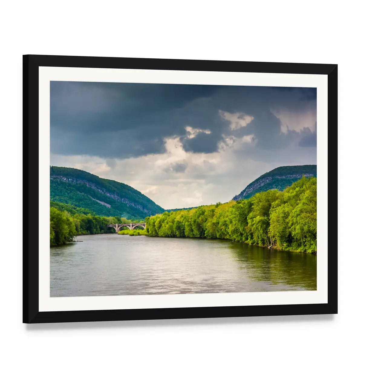 Delaware River with Stone Bridge Canvas Wall Art, framed print with white mat and black frame, angled product view