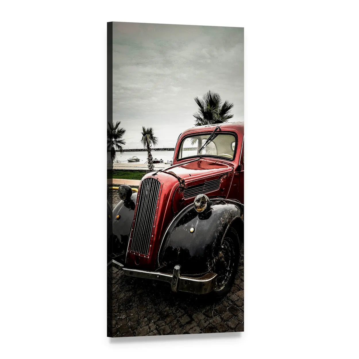Red Vintage Car with Palm Trees Vertical Canvas Wall Art, 1 panel 1 Vertical layout gallery wrapped canvas set, angled product view
