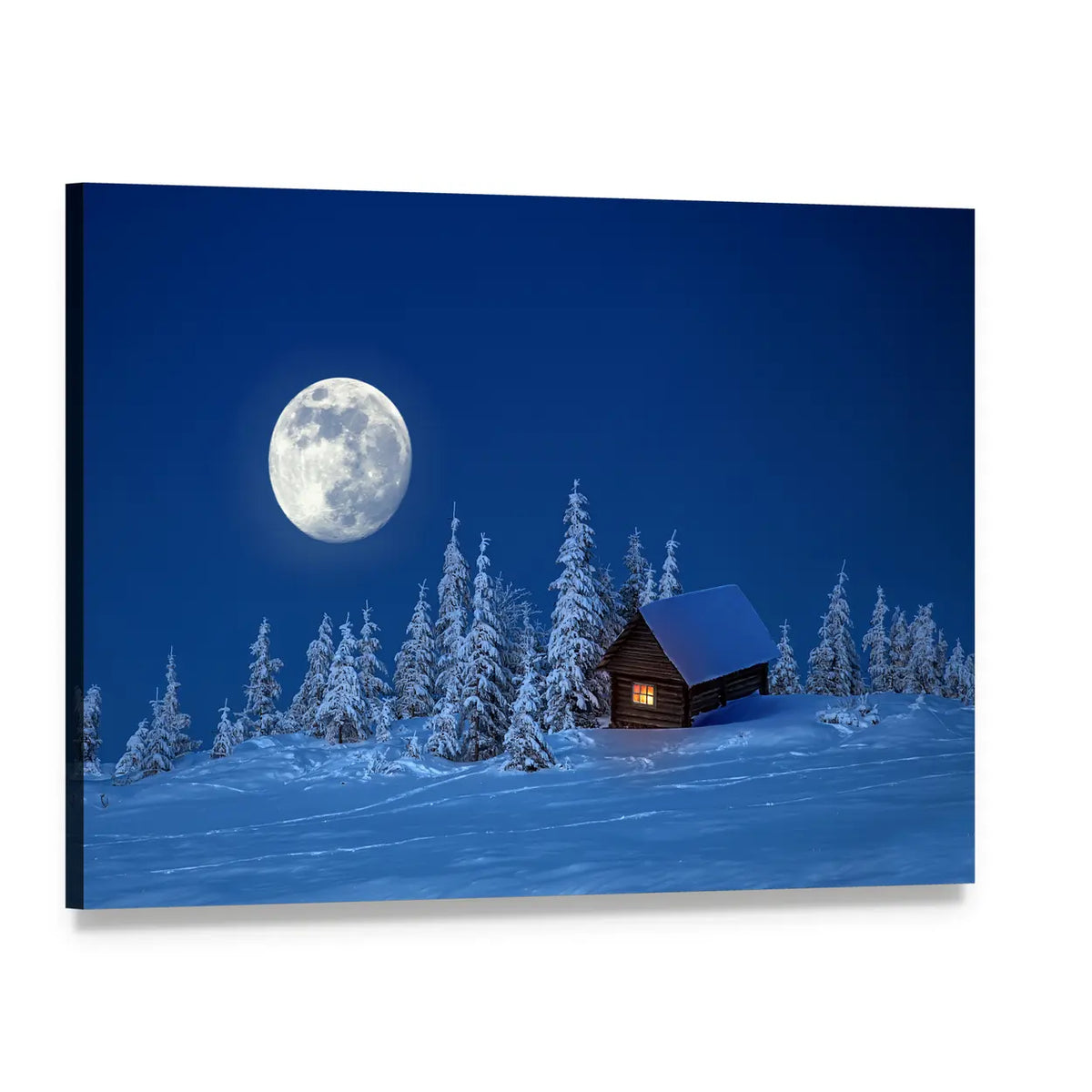 Wooden House in Winter Forest Canvas Wall Art, single panel gallery wrapped canvas, angled product view