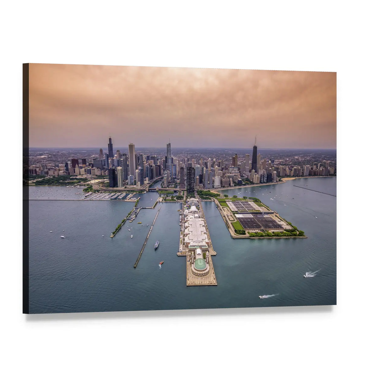 Chicago Skyline at Sunset Canvas Wall Art, single panel gallery wrapped canvas, angled product view