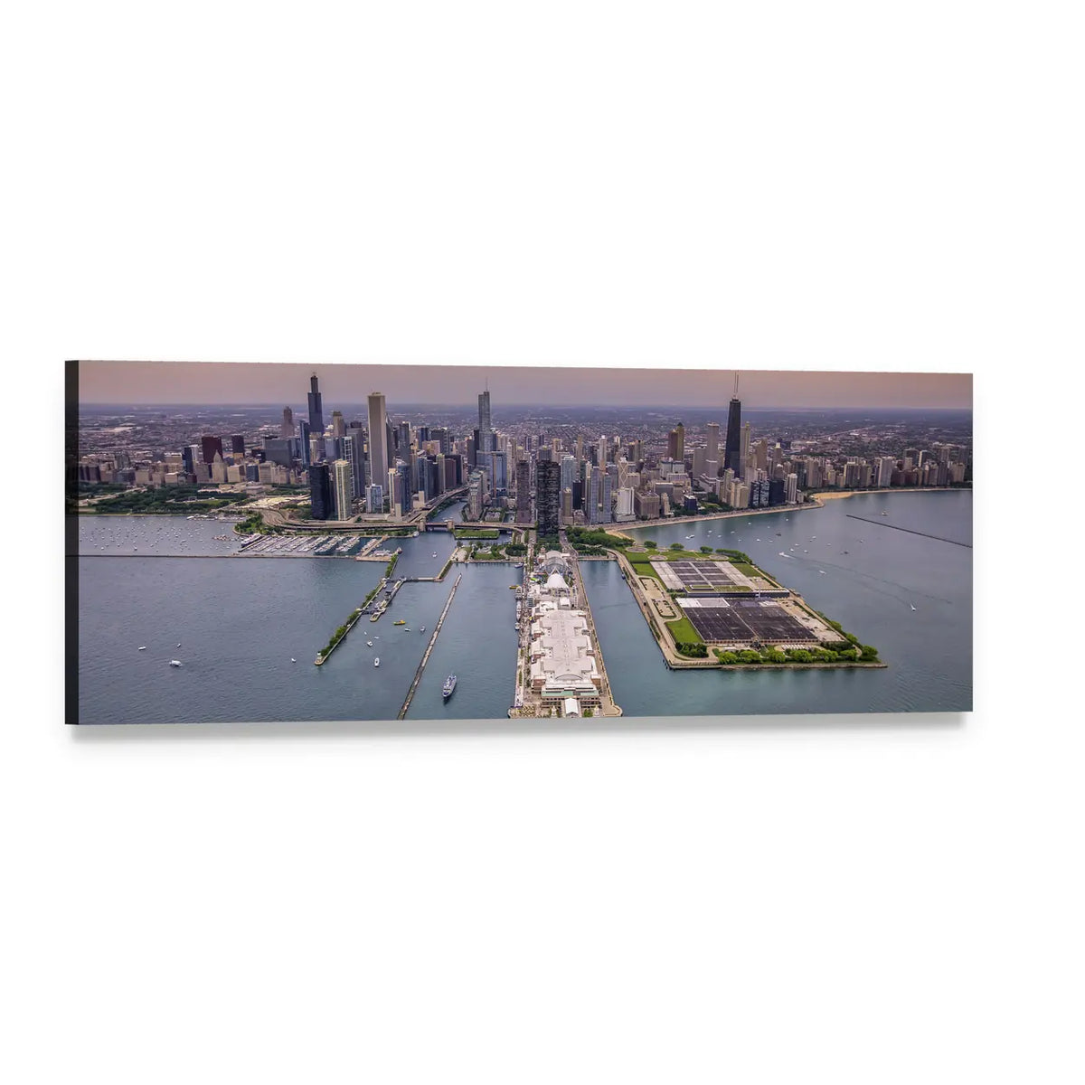 Chicago Skyline with Willis Tower Panoramic Canvas Wall Art, single panel gallery wrapped canvas, angled product view