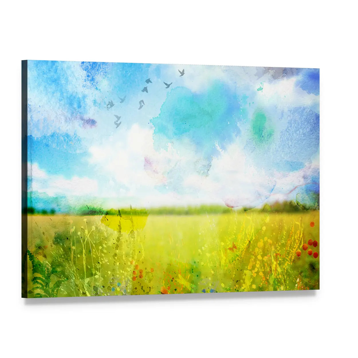 Village Meadow Watercolor Landscape Canvas Wall Art, single panel gallery wrapped canvas, angled product view