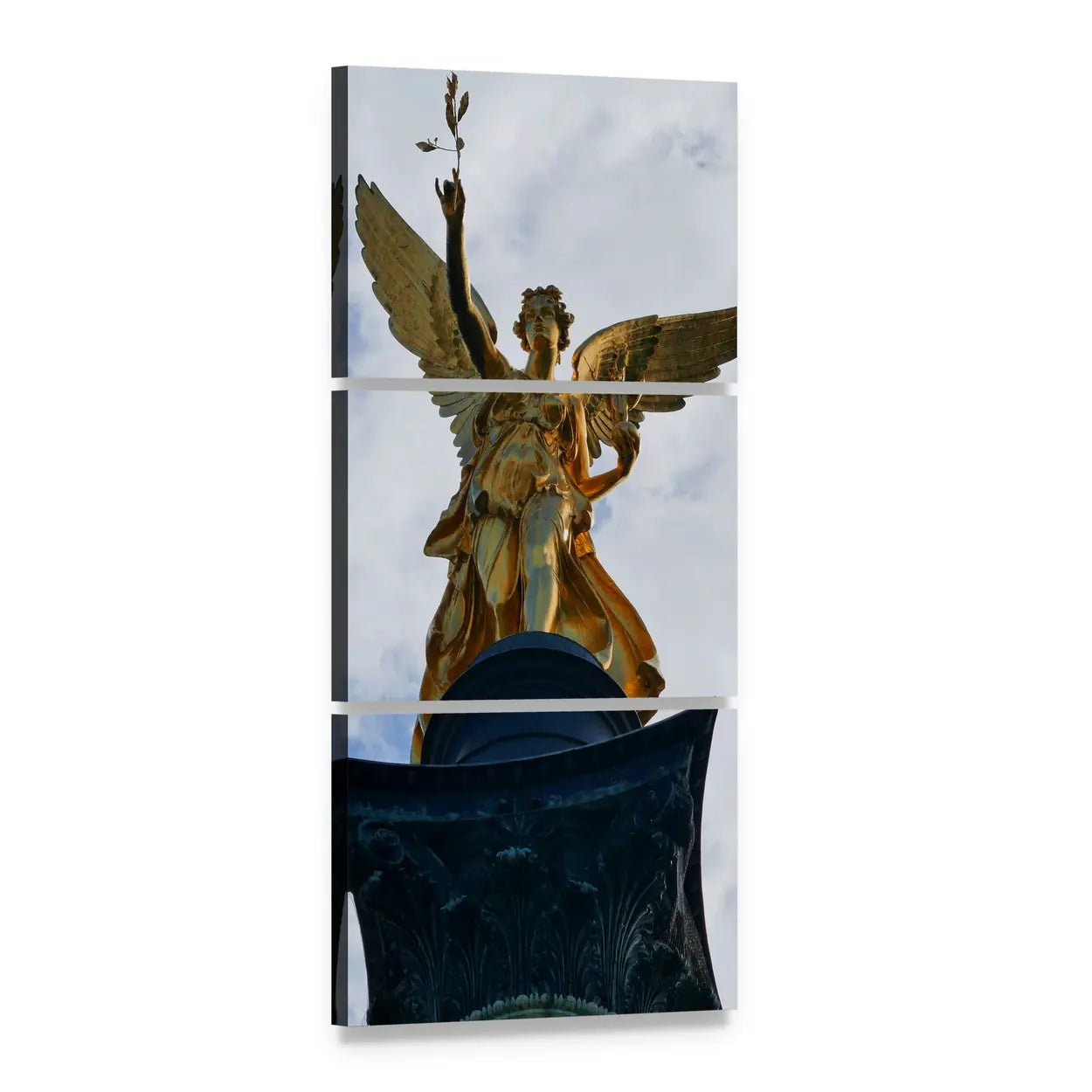 Golden Angel of Victory Vertical Canvas Wall Art, 3 panel 3 Vertical layout gallery wrapped canvas set, angled product view