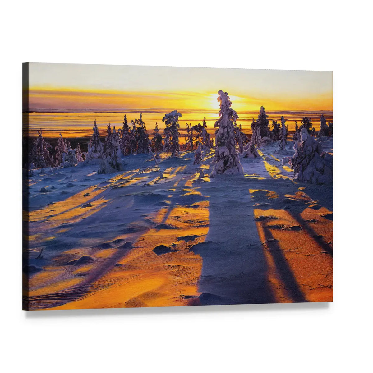 Winter Sunrise Over Snowy Trees Canvas Wall Art, single panel gallery wrapped canvas, angled product view