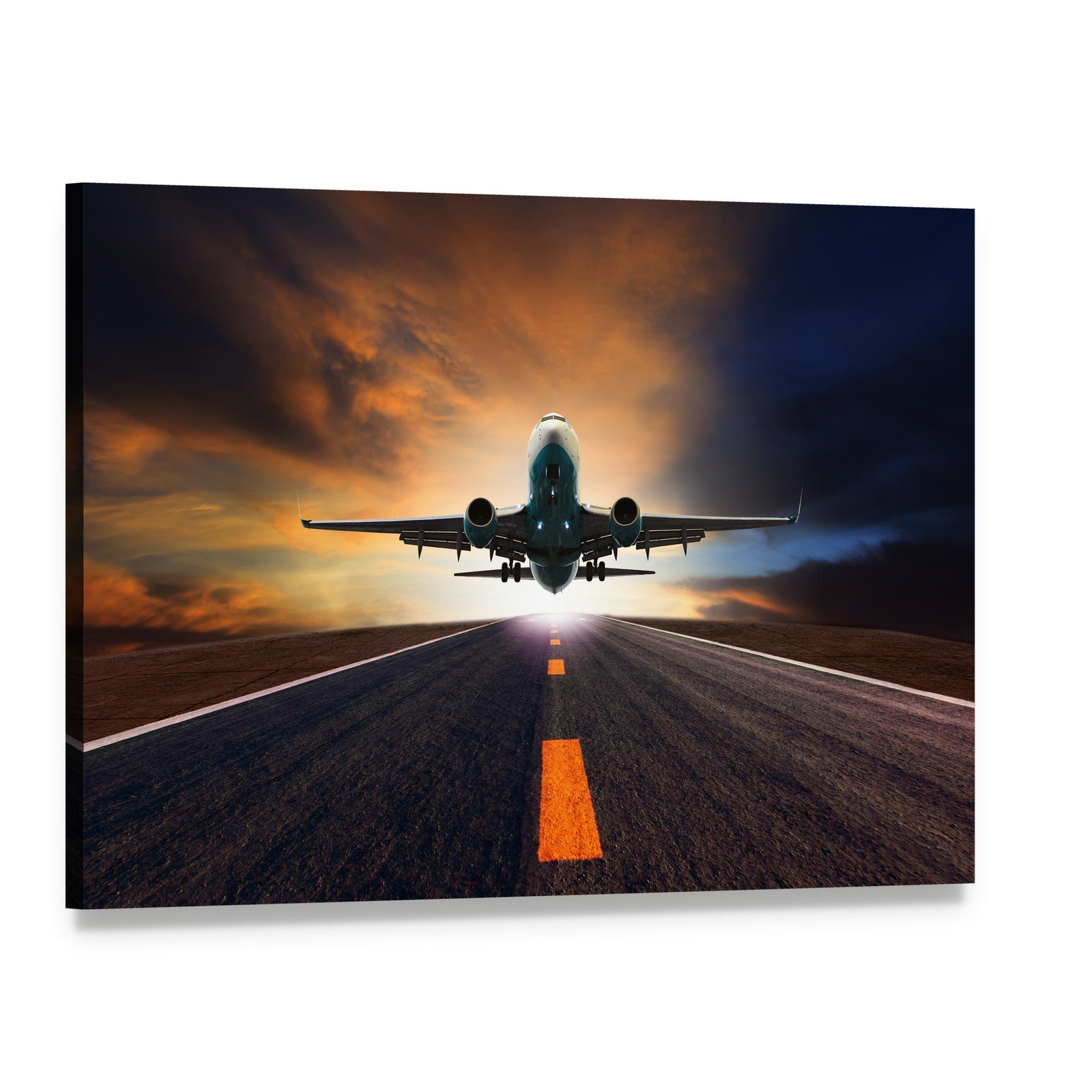 Airplane Taking Off from Runway Canvas Wall Art, single panel gallery wrapped canvas, angled product view