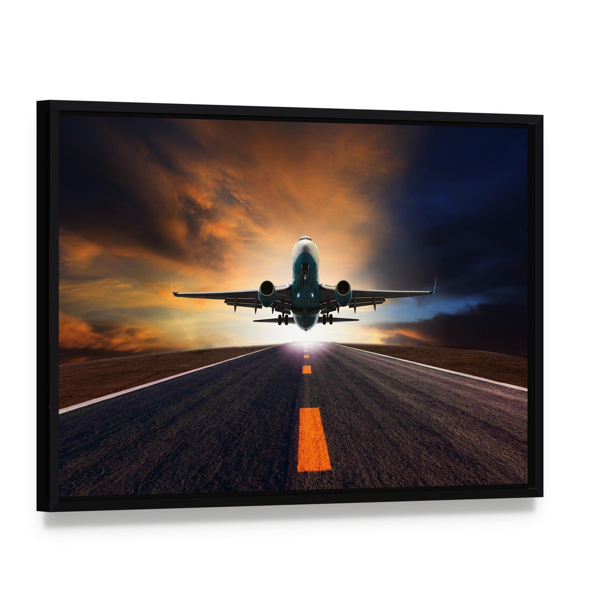 Airplane Taking Off from Runway Canvas Wall Art, framed canvas in a black floater frame, angled product view