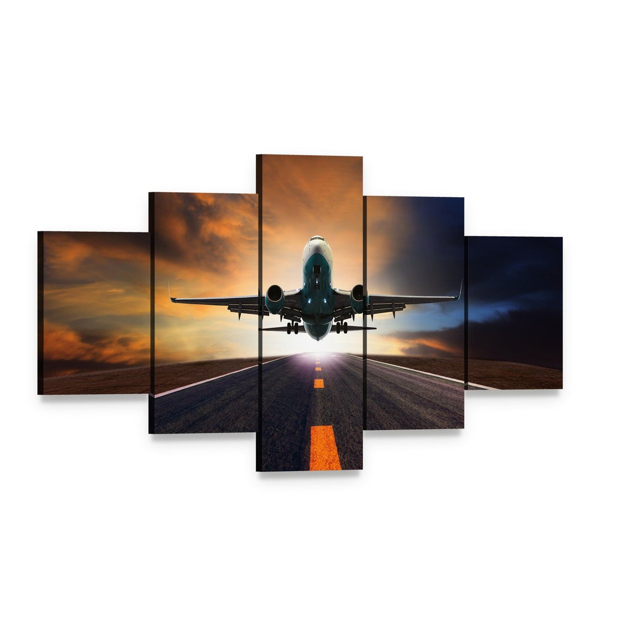 Airplane Taking Off from Runway Canvas Wall Art, 5 panel 5 Star layout gallery wrapped canvas set, angled product view