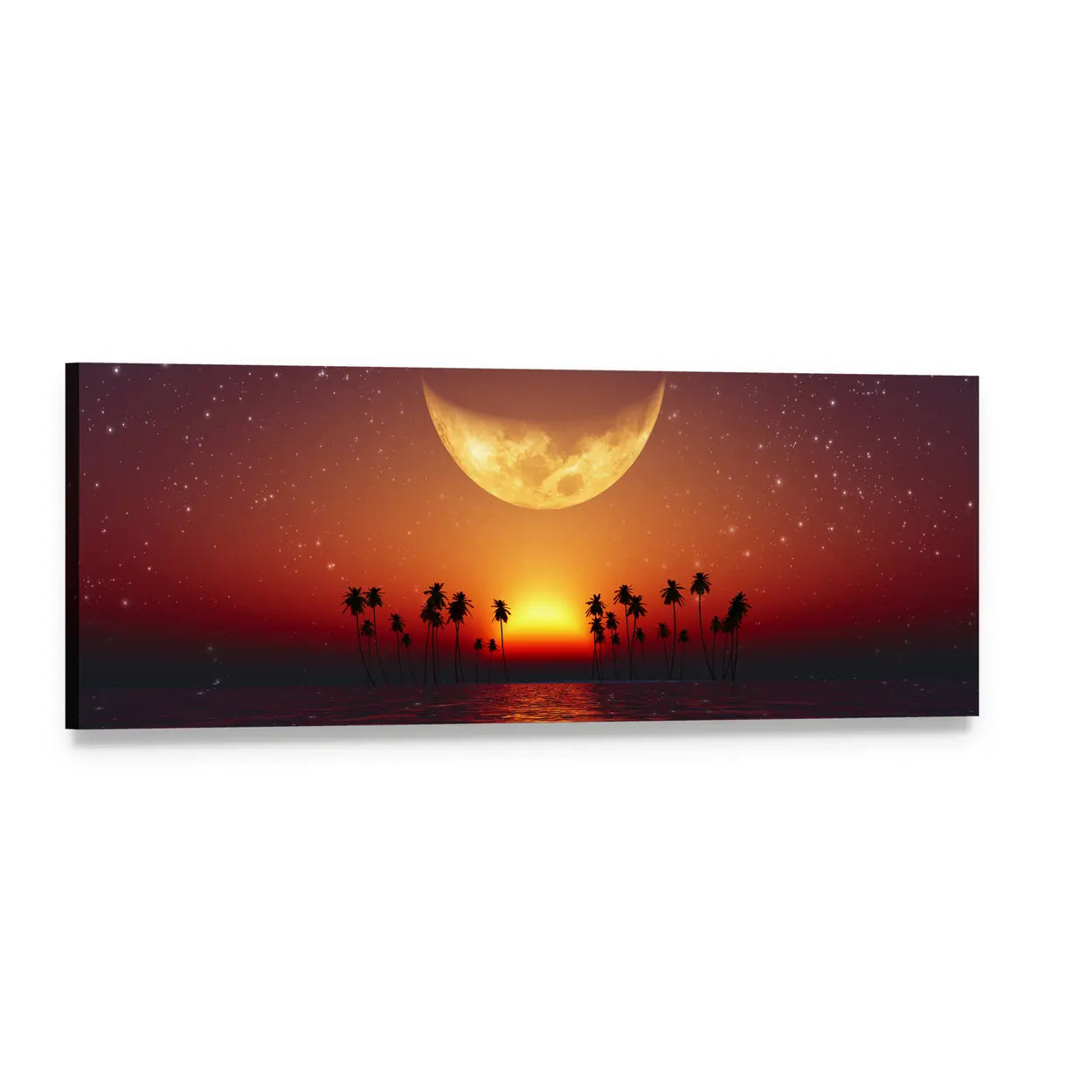 Yellow Moon Over Red Tropical Sea Panoramic Canvas Wall Art, single panel gallery wrapped canvas, angled product view