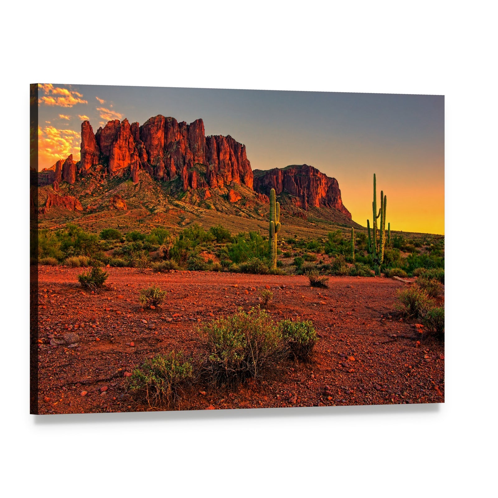 Sunset Over Desert Mountains Canvas Wall Art, single panel gallery wrapped canvas, angled product view