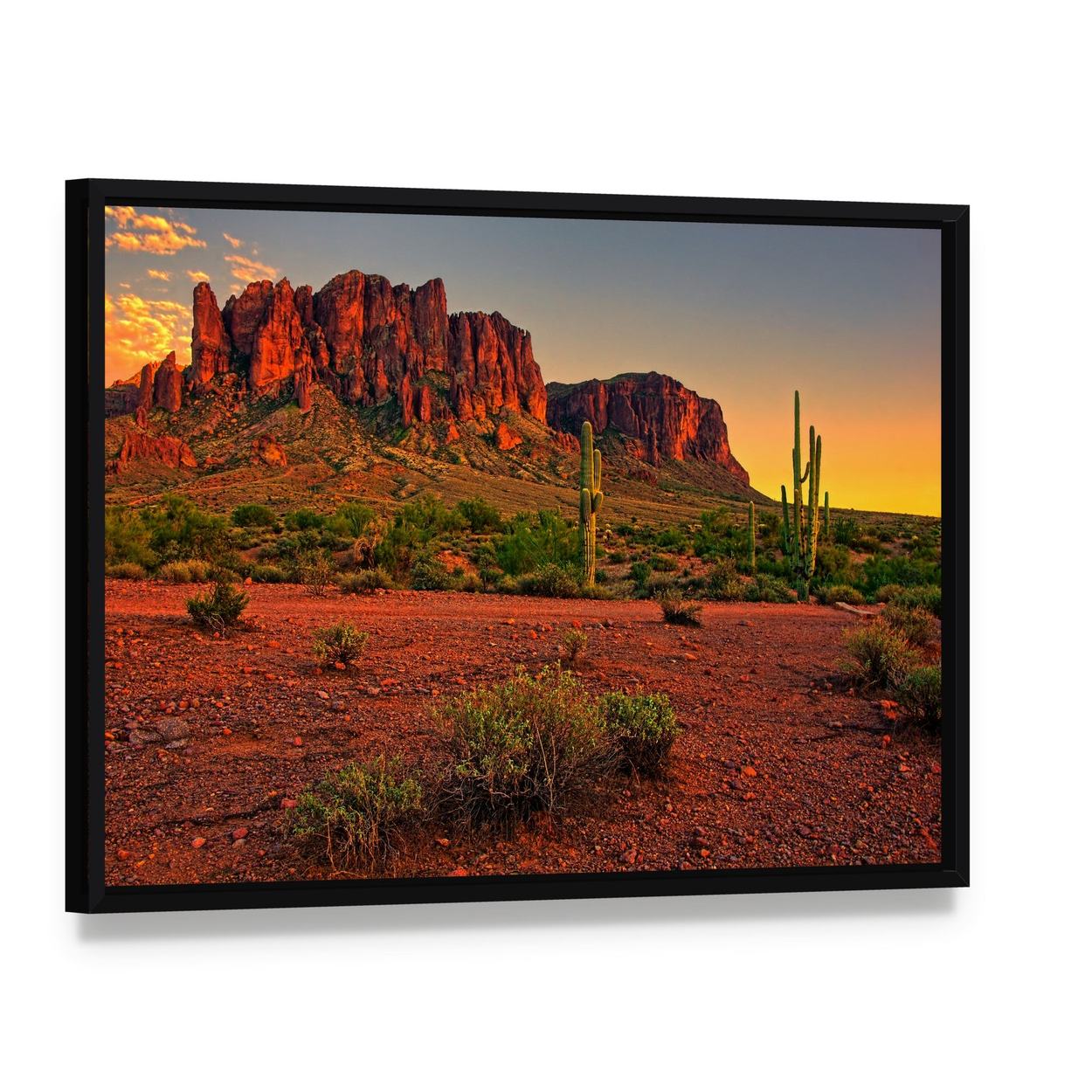 Sunset Over Desert Mountains Canvas Wall Art, framed canvas in a black floater frame, angled product view