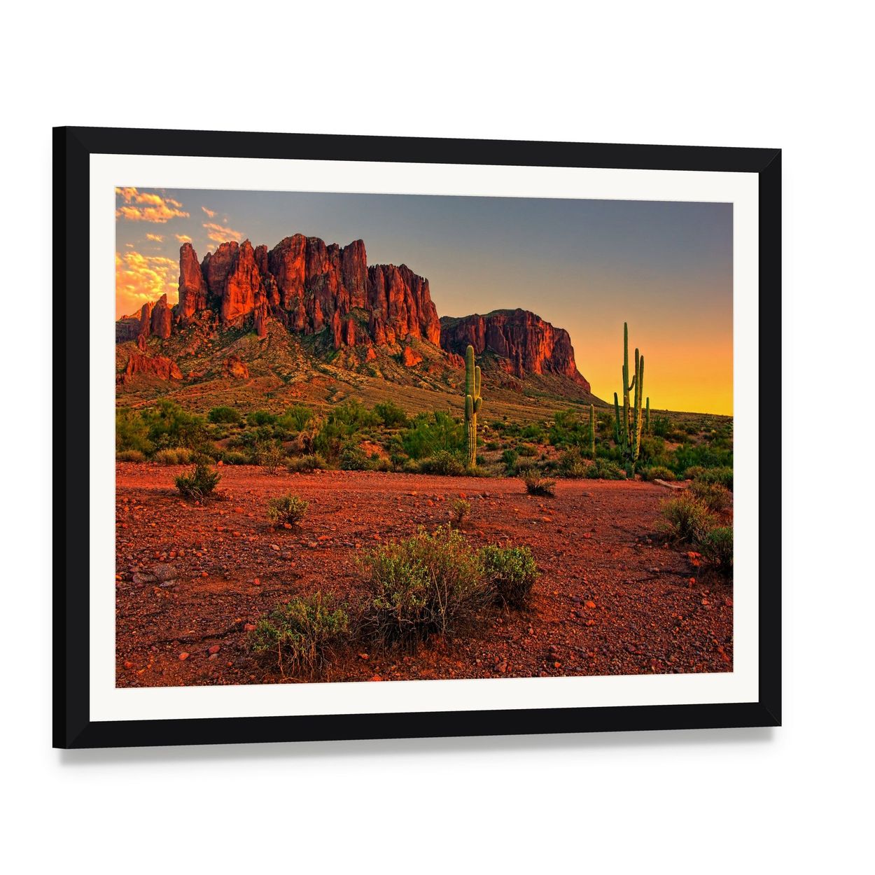 Sunset Over Desert Mountains Canvas Wall Art, framed print with white mat and black frame, angled product view