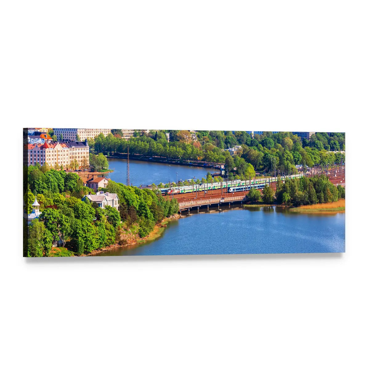Helsinki Old Town Bridge with Train Panoramic Canvas Wall Art, single panel gallery wrapped canvas, angled product view