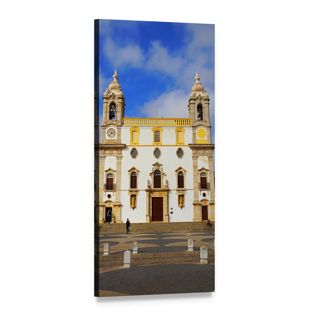 White Baroque Church with Twin Bell Towers Vertical Canvas Wall Art, 1 panel 1 Vertical layout gallery wrapped canvas set, angled product view