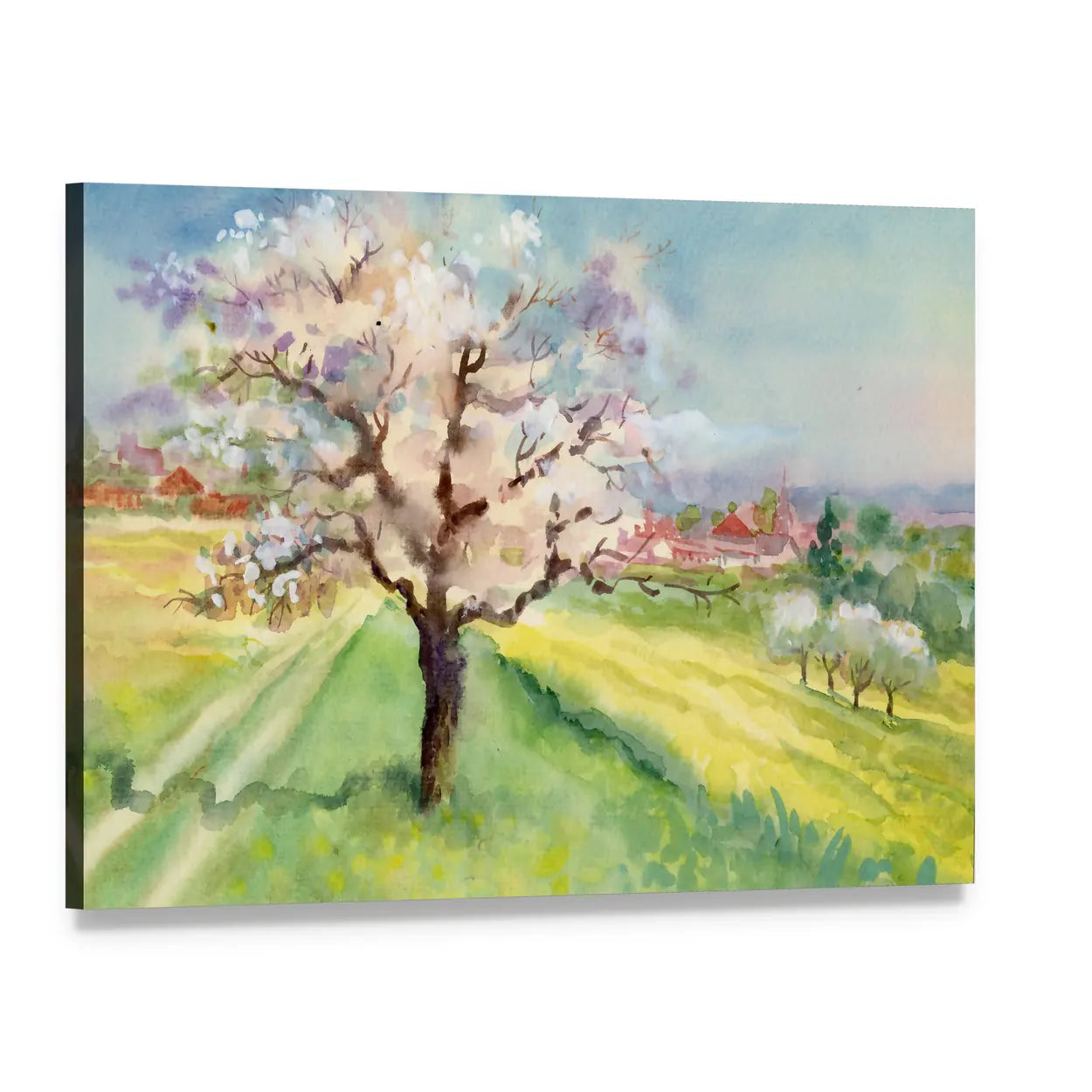 Village Life Watercolor Landscape Canvas Wall Art, single panel gallery wrapped canvas, angled product view