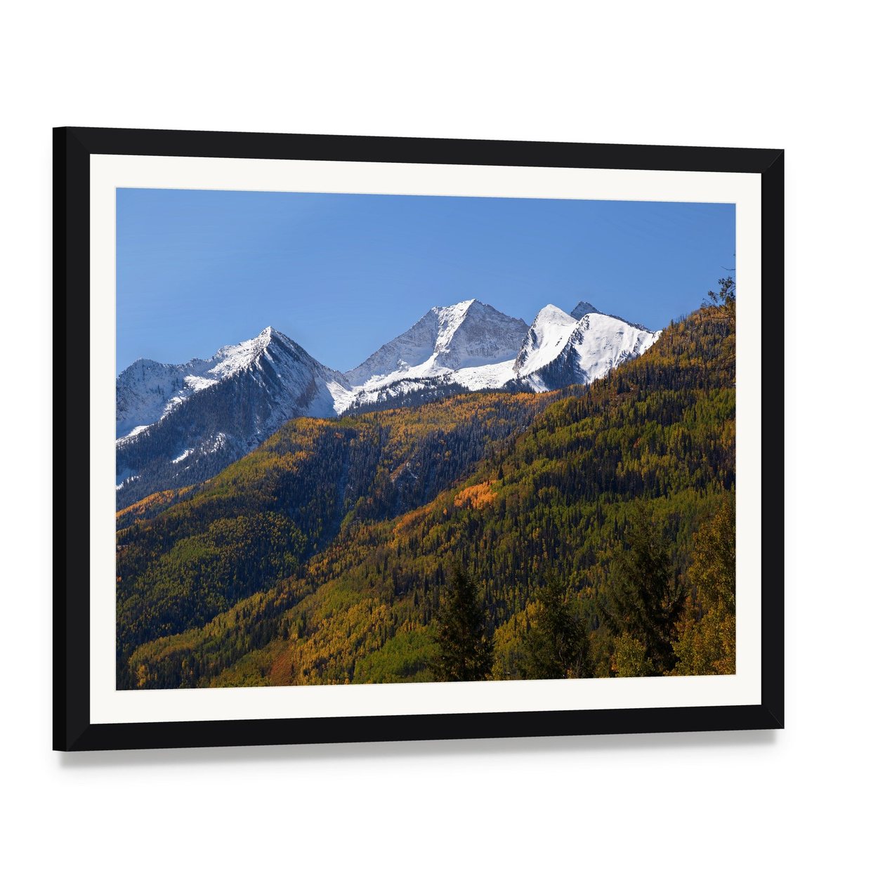 Elk Mountains in Fall Colors Canvas Wall Art, framed print with white mat and black frame, angled product view