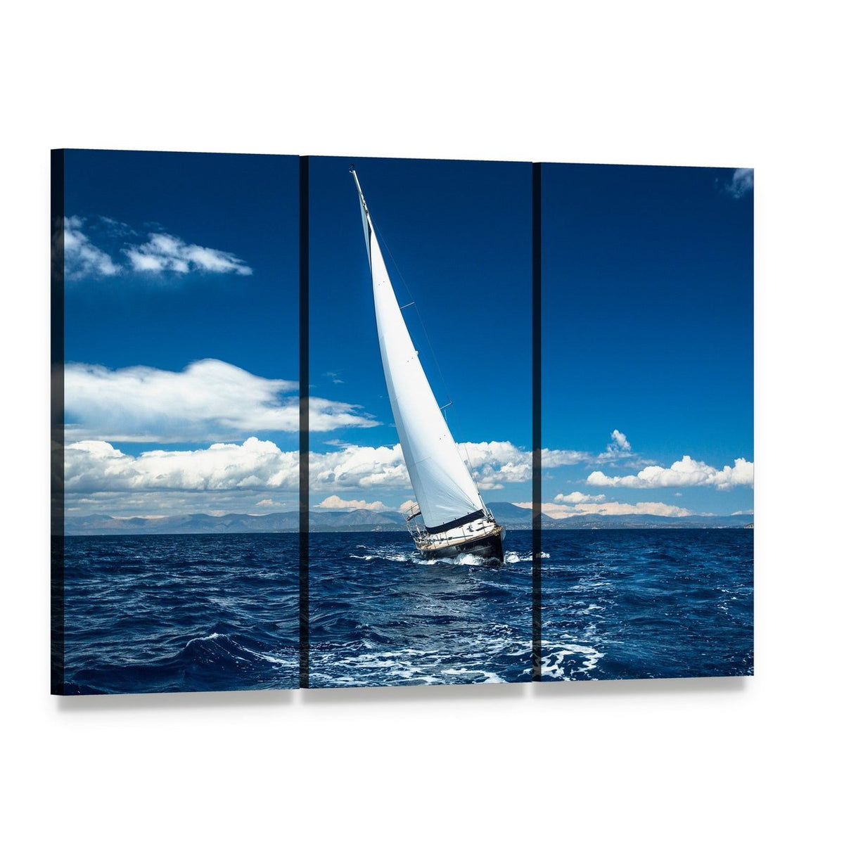 Sailboat in a Regatta Canvas Wall Art, 3 panel 3 Horizontal layout gallery wrapped canvas set, angled product view