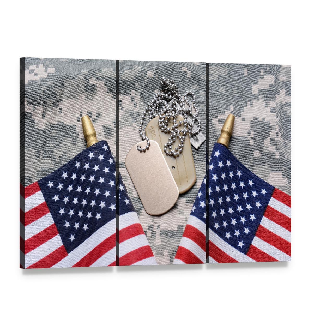Two Crossed American Flags Canvas Wall Art, 3 panel 3 Horizontal layout gallery wrapped canvas set, angled product view