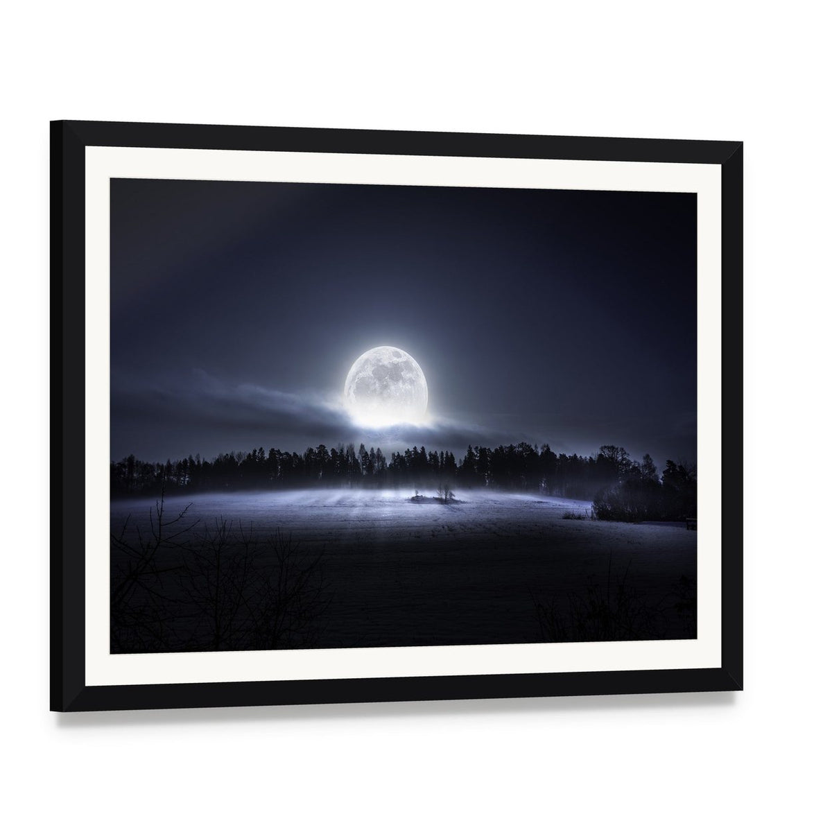 Moon Rising Over Forest Canvas Wall Art, framed print with white mat and black frame, angled product view