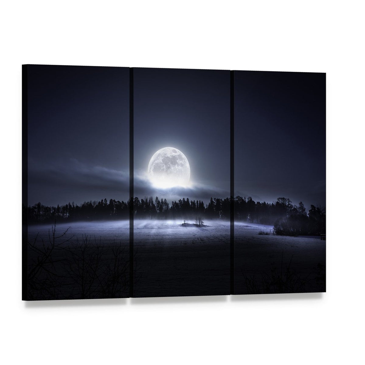 Moon Rising Over Forest Canvas Wall Art, 3 panel 3 Horizontal layout gallery wrapped canvas set, angled product view