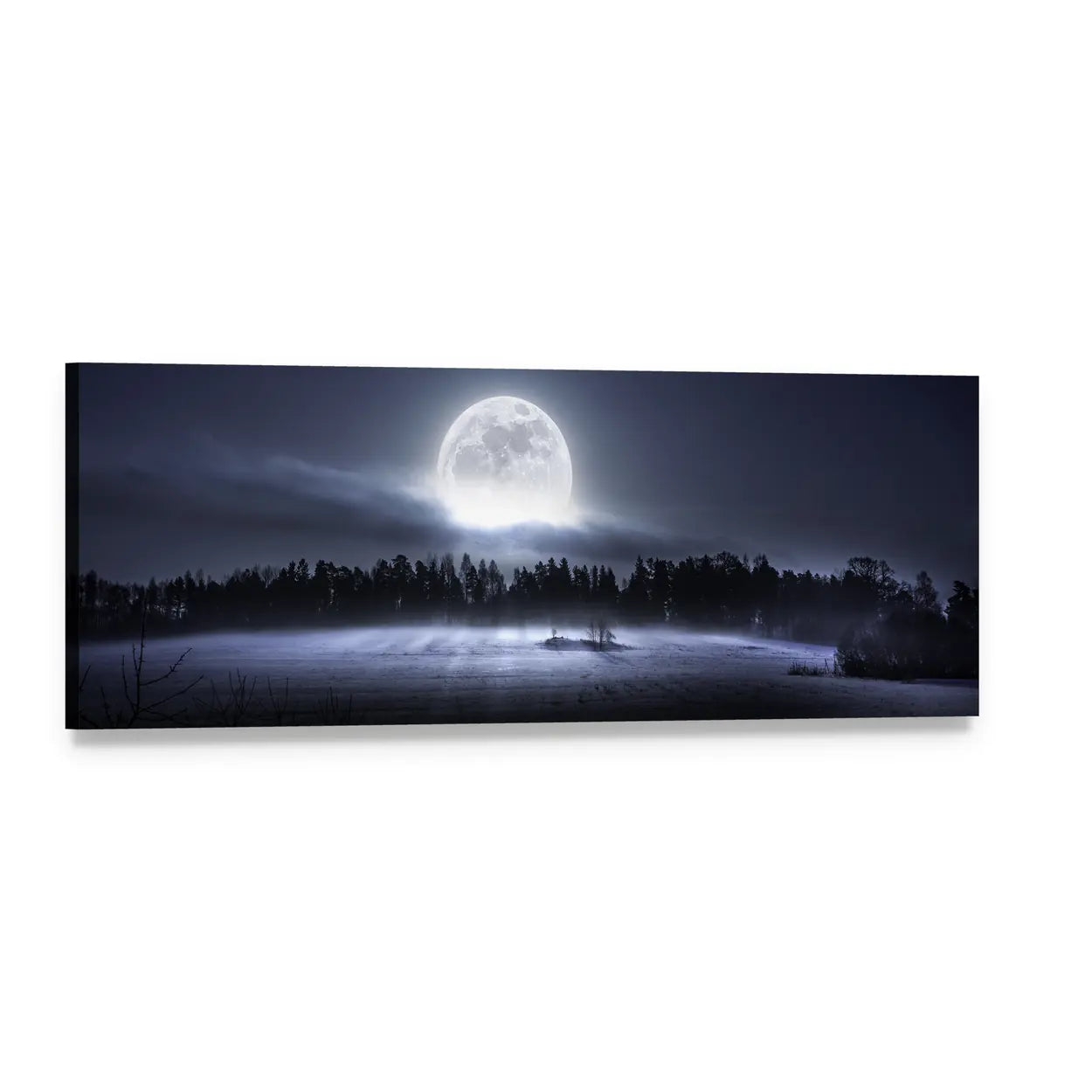 Moon Rising Over Forest Panoramic Canvas Wall Art, single panel gallery wrapped canvas, angled product view