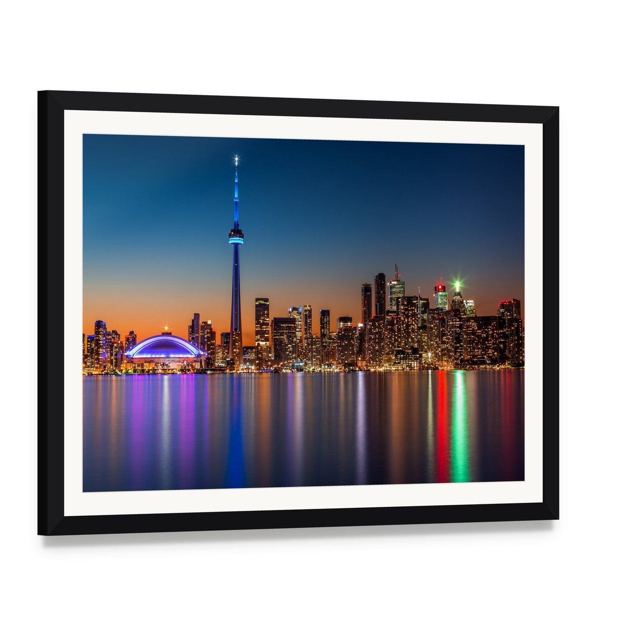 Toronto Skyline at Dusk Canvas Wall Art, framed print with white mat and black frame, angled product view