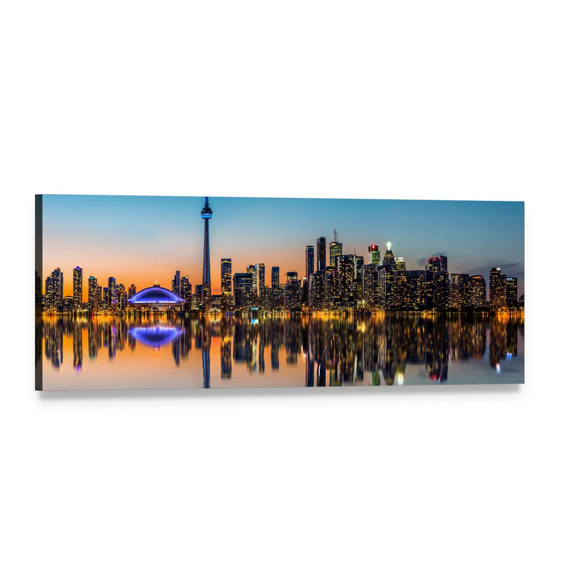 Toronto Skyline at Dusk Panoramic Canvas Wall Art, single panel gallery wrapped canvas, angled product view