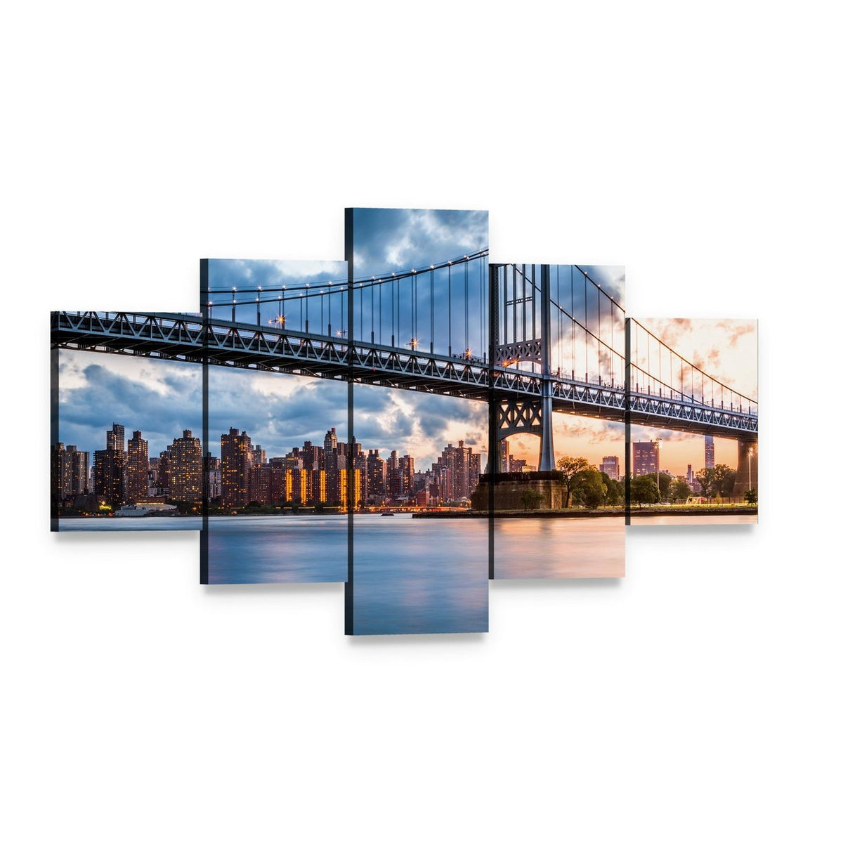 Robert F Kennedy Bridge at Dusk Canvas Wall Art, 5 panel 5 Star layout gallery wrapped canvas set, angled product view