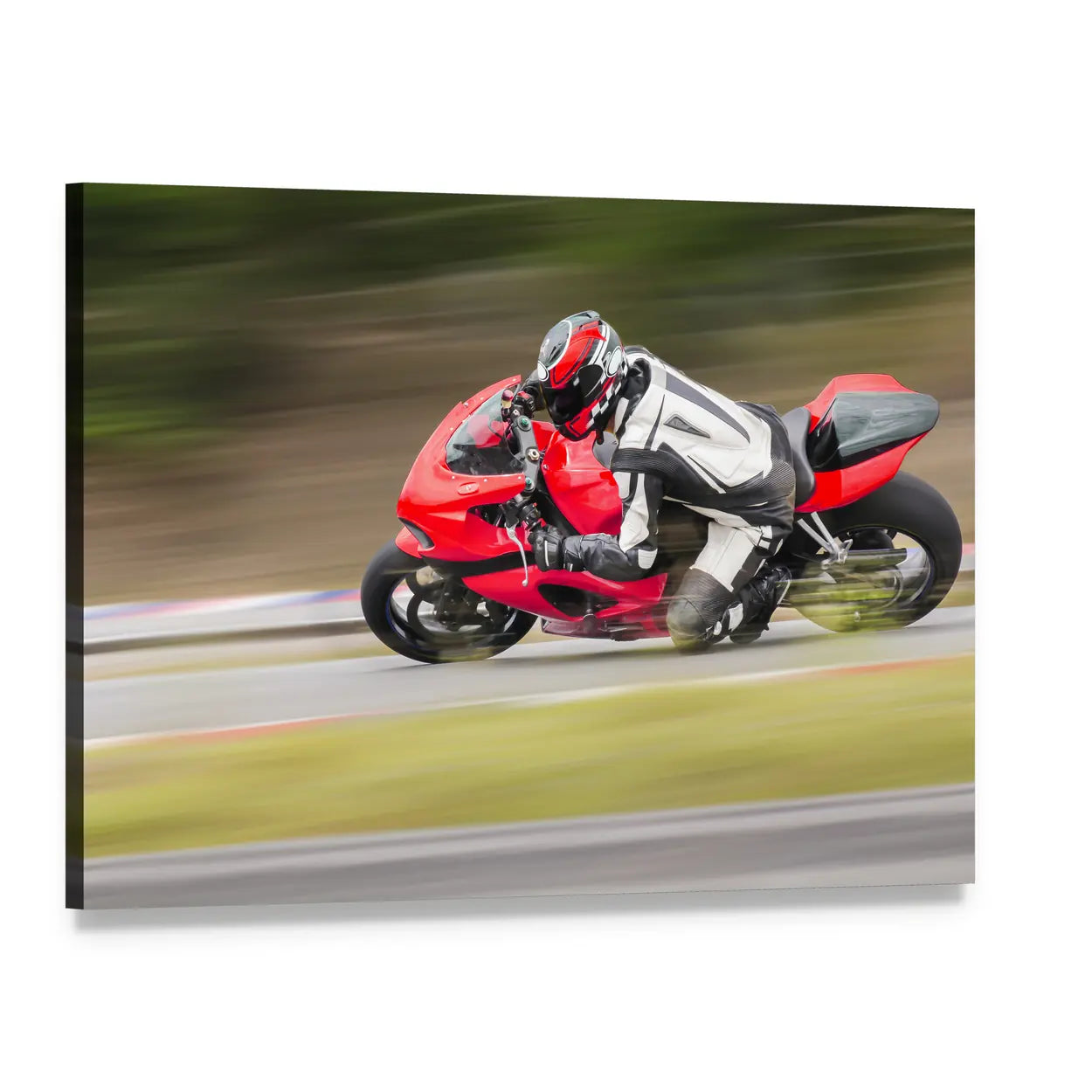 Red Sportbike Racing on Track Canvas Wall Art, single panel gallery wrapped canvas, angled product view
