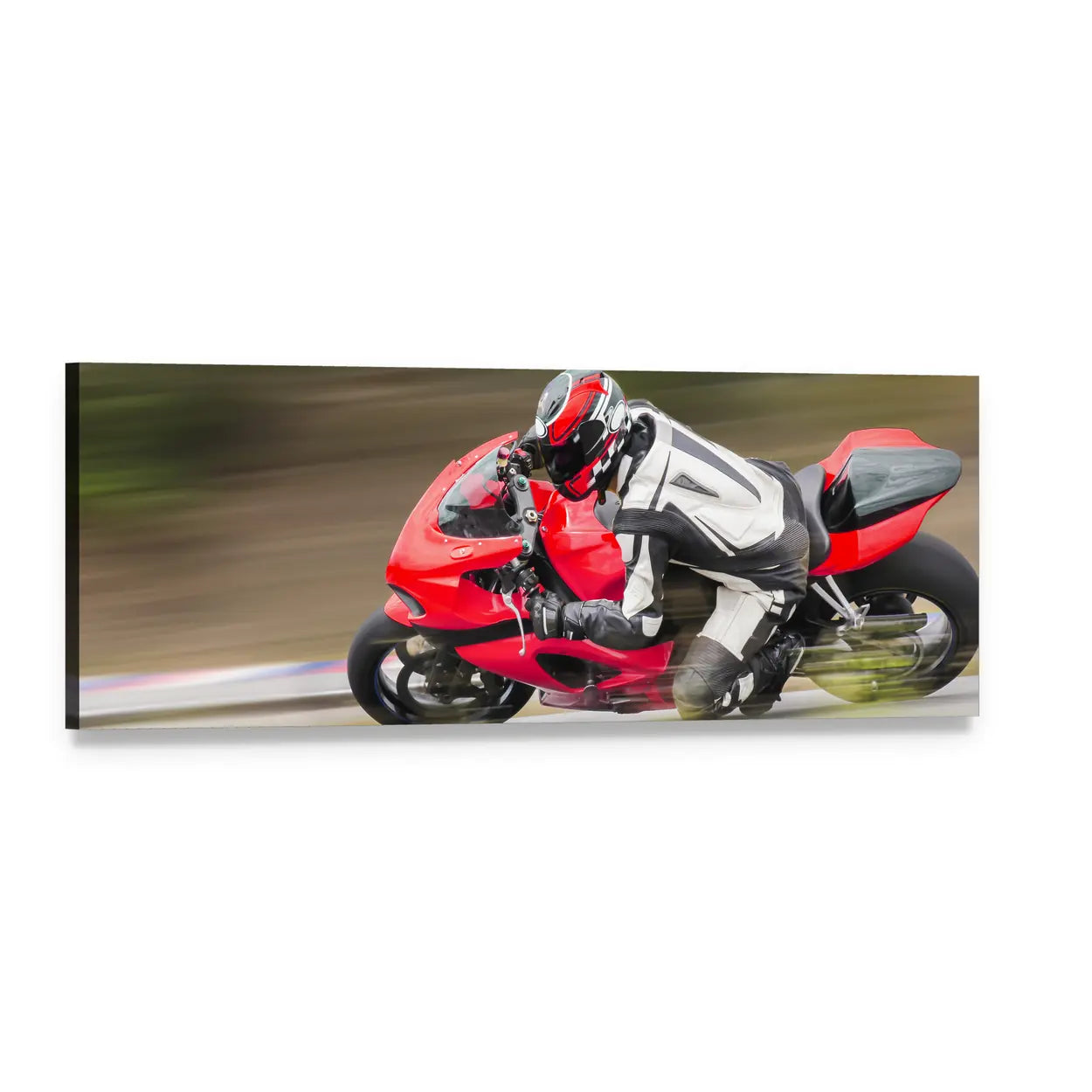 Motorcyclist Racing on Track Panoramic Canvas Wall Art, single panel gallery wrapped canvas, angled product view