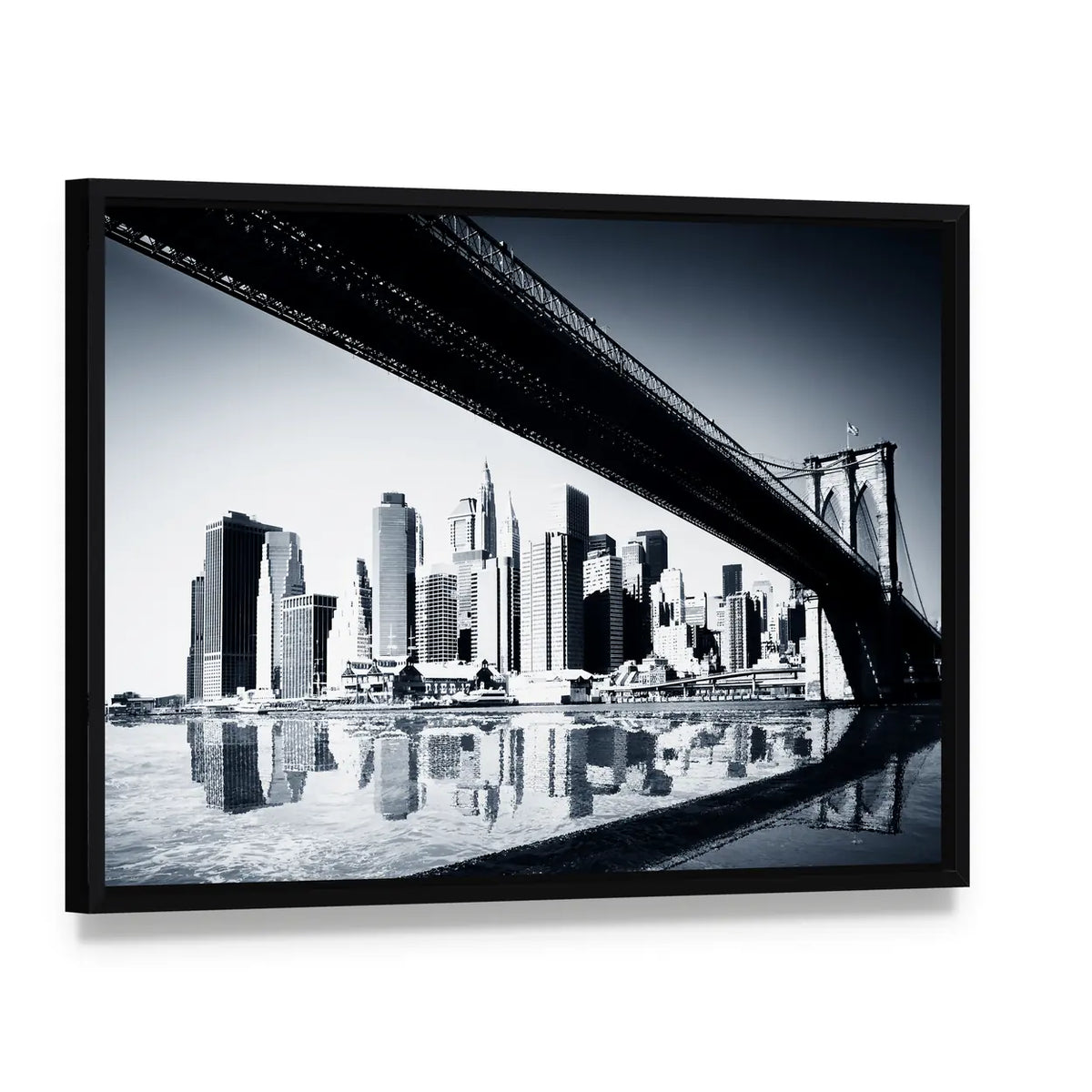 Manhattan Skyline Under Brooklyn Bridge Canvas Wall Art, framed canvas in a black floater frame, angled product view