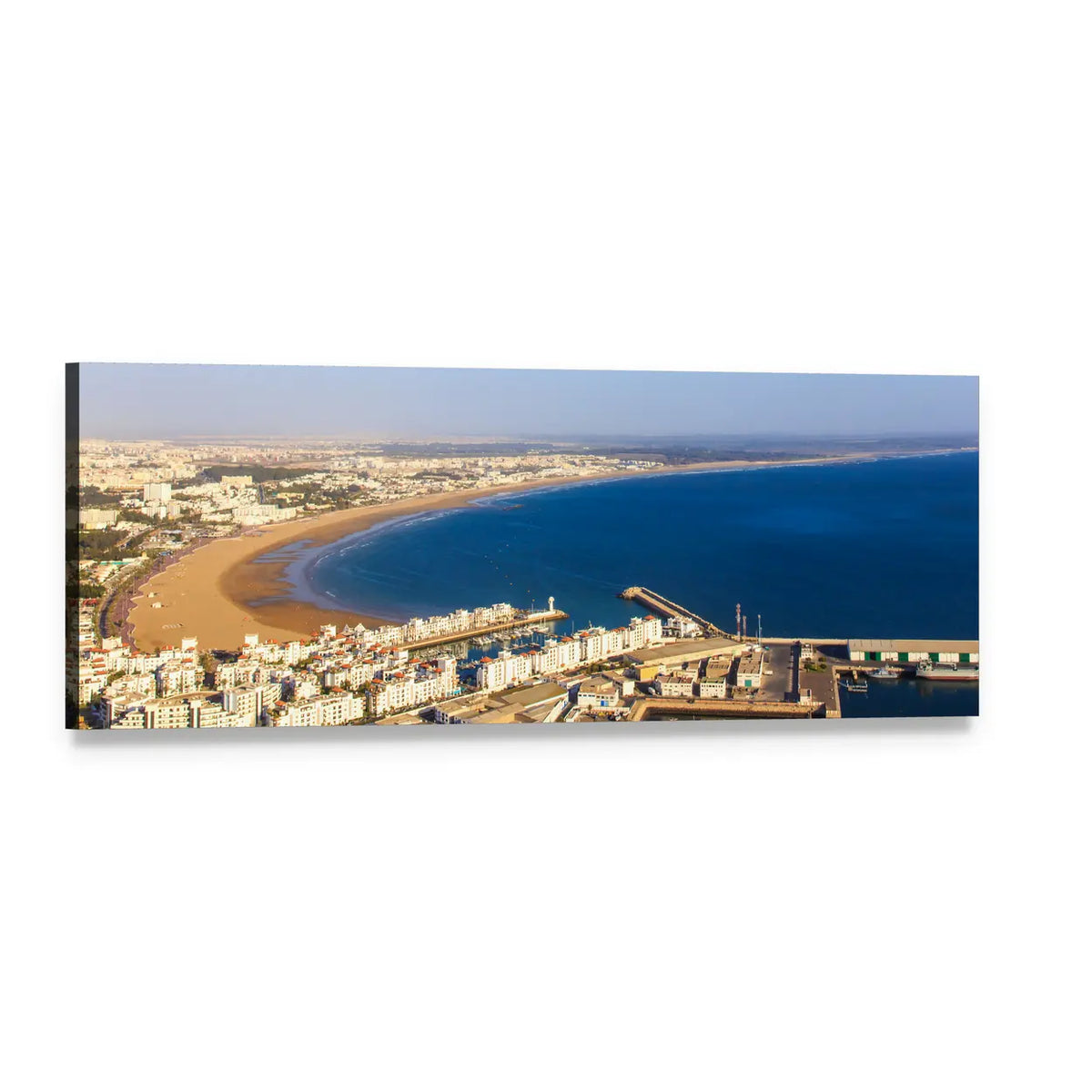 Agadir Coastal Cityscape Panoramic Canvas Wall Art, single panel gallery wrapped canvas, angled product view