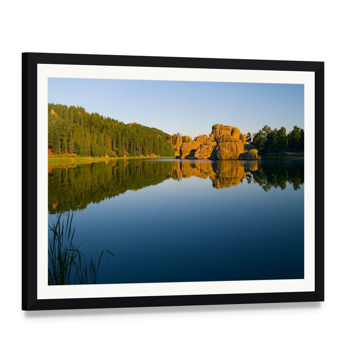 Sylvan Lake in Black Hills Canvas Wall Art, framed print with white mat and black frame, angled product view
