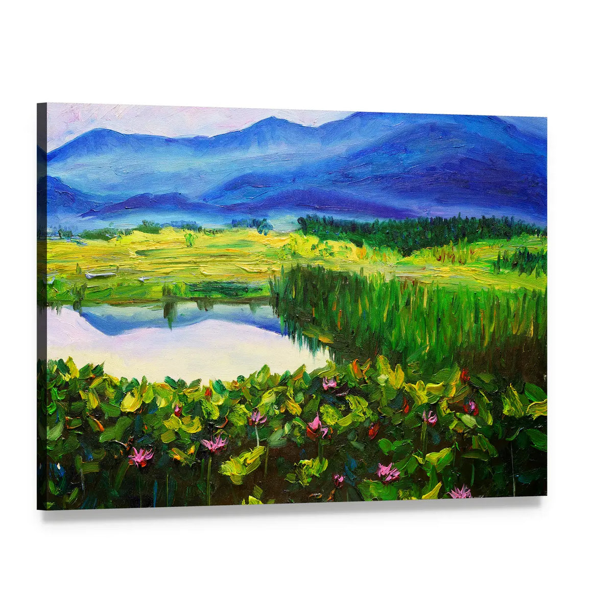 Summer Mountain Lake with Lotus Canvas Wall Art, single panel gallery wrapped canvas, angled product view