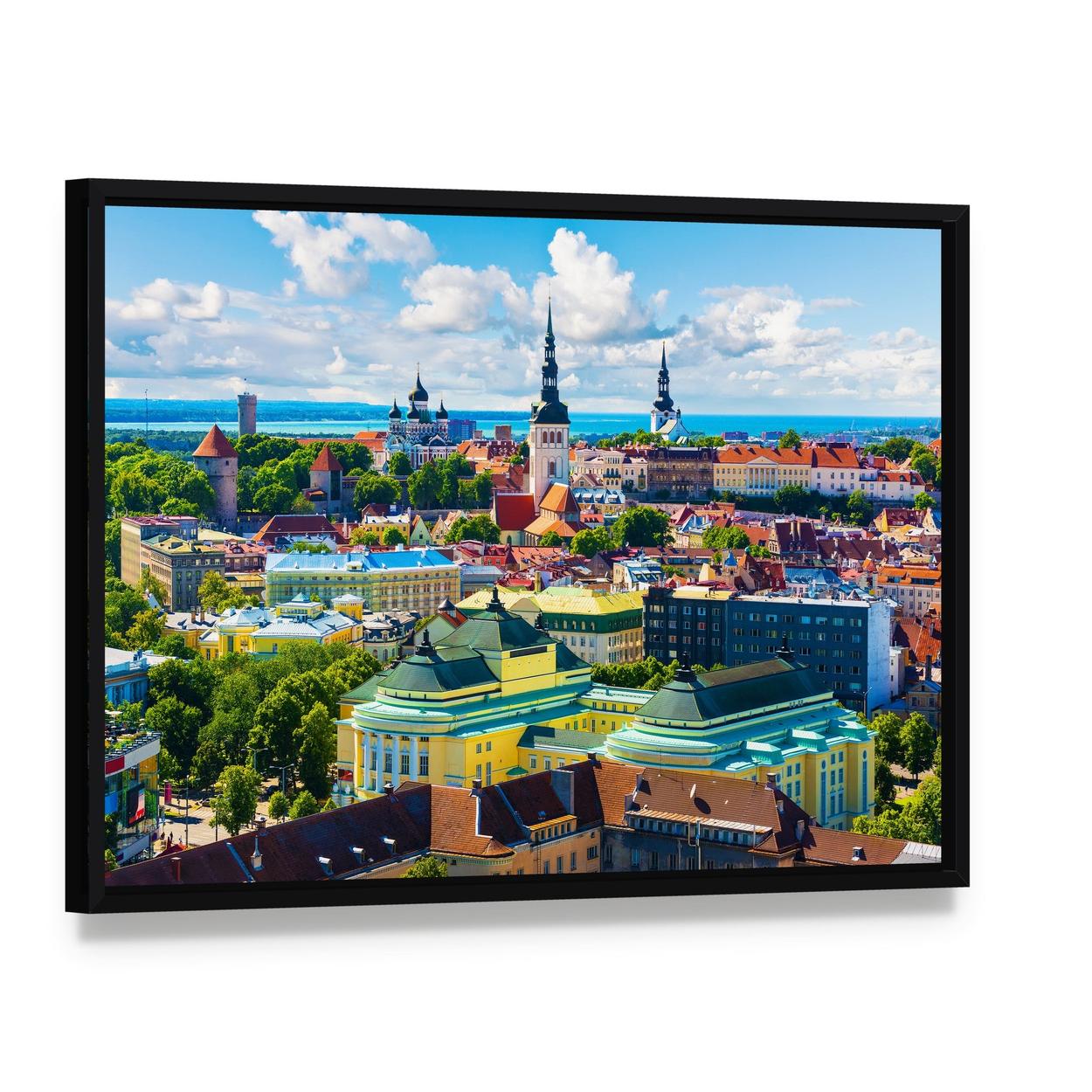 Tallinn Old Town Aerial View Canvas Wall Art, framed canvas in a black floater frame, angled product view