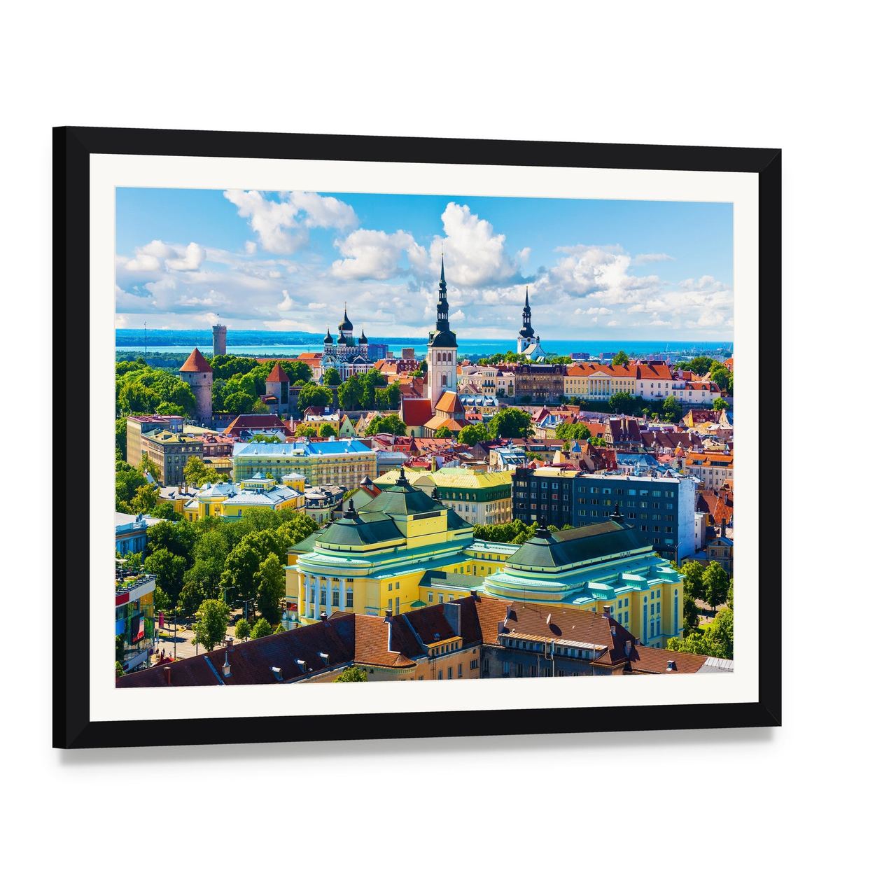 Tallinn Old Town Aerial View Canvas Wall Art, framed print with white mat and black frame, angled product view
