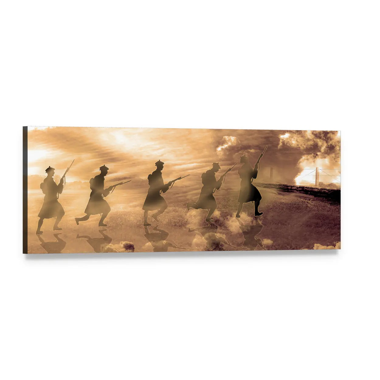 Wwi Soldiers Charging at Dawn Panoramic Canvas Wall Art, single panel gallery wrapped canvas, angled product view