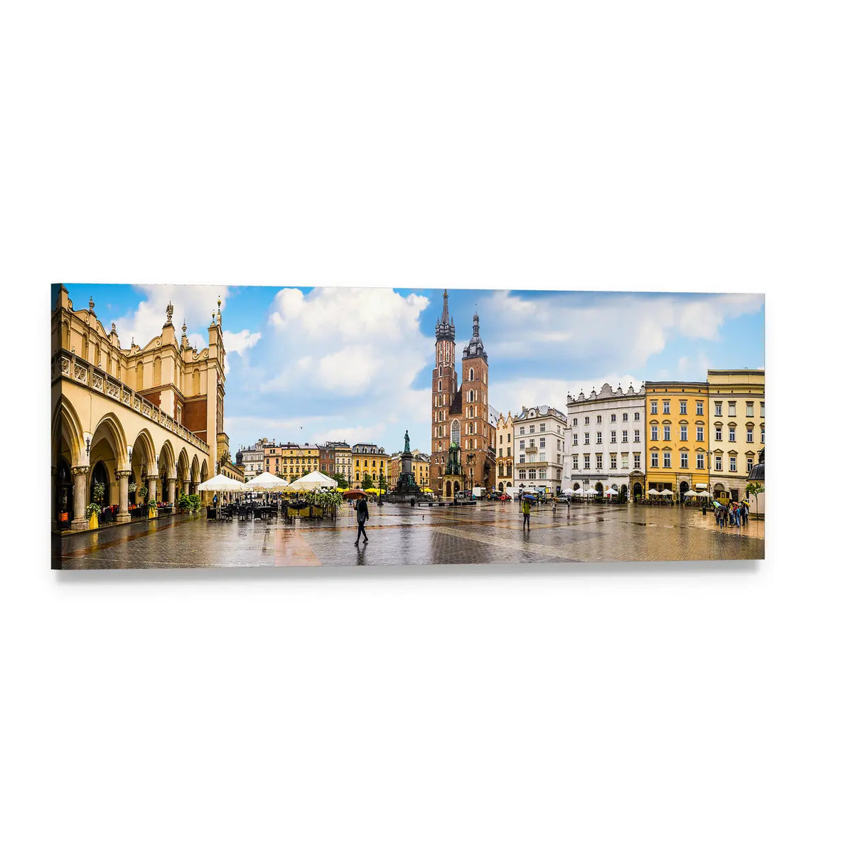 Krakow Town Square with St. Mary's Basilica Panoramic Canvas Wall Art, single panel gallery wrapped canvas, angled product view