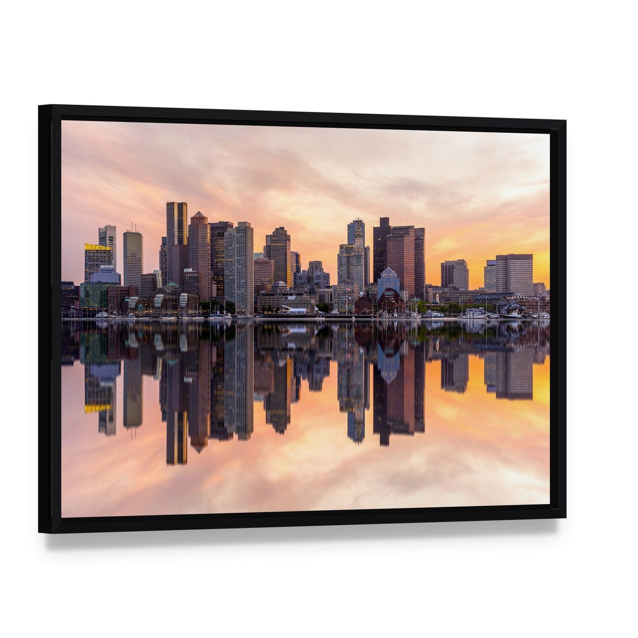 Boston Downtown Skyline Canvas Wall Art, framed canvas in a black floater frame, angled product view