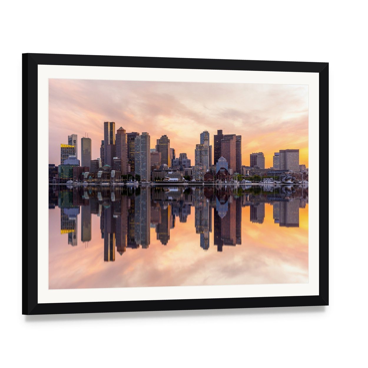 Boston Downtown Skyline Canvas Wall Art, framed print with white mat and black frame, angled product view