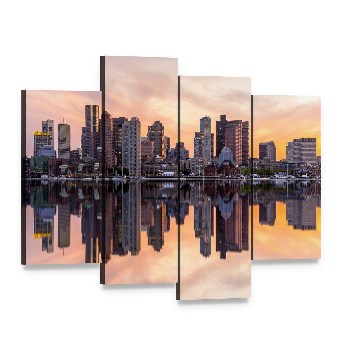 Boston Downtown Skyline Canvas Wall Art, 4 panel 4 Pop layout gallery wrapped canvas set, angled product view