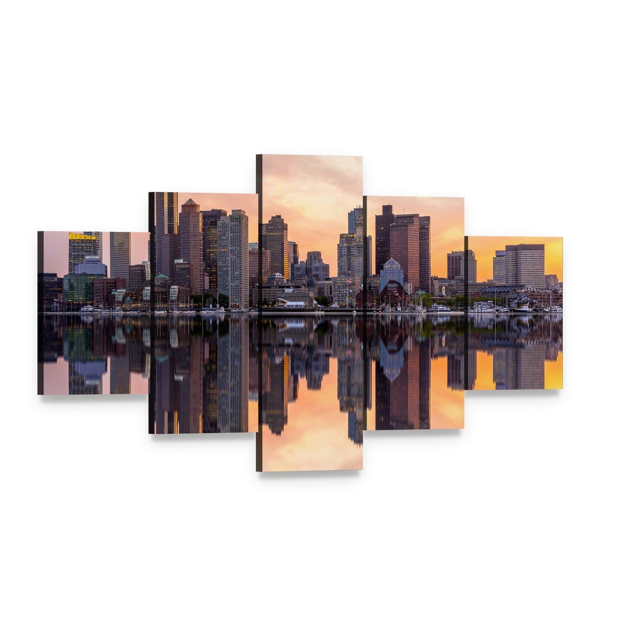 Boston Downtown Skyline Canvas Wall Art, 5 panel 5 Star layout gallery wrapped canvas set, angled product view