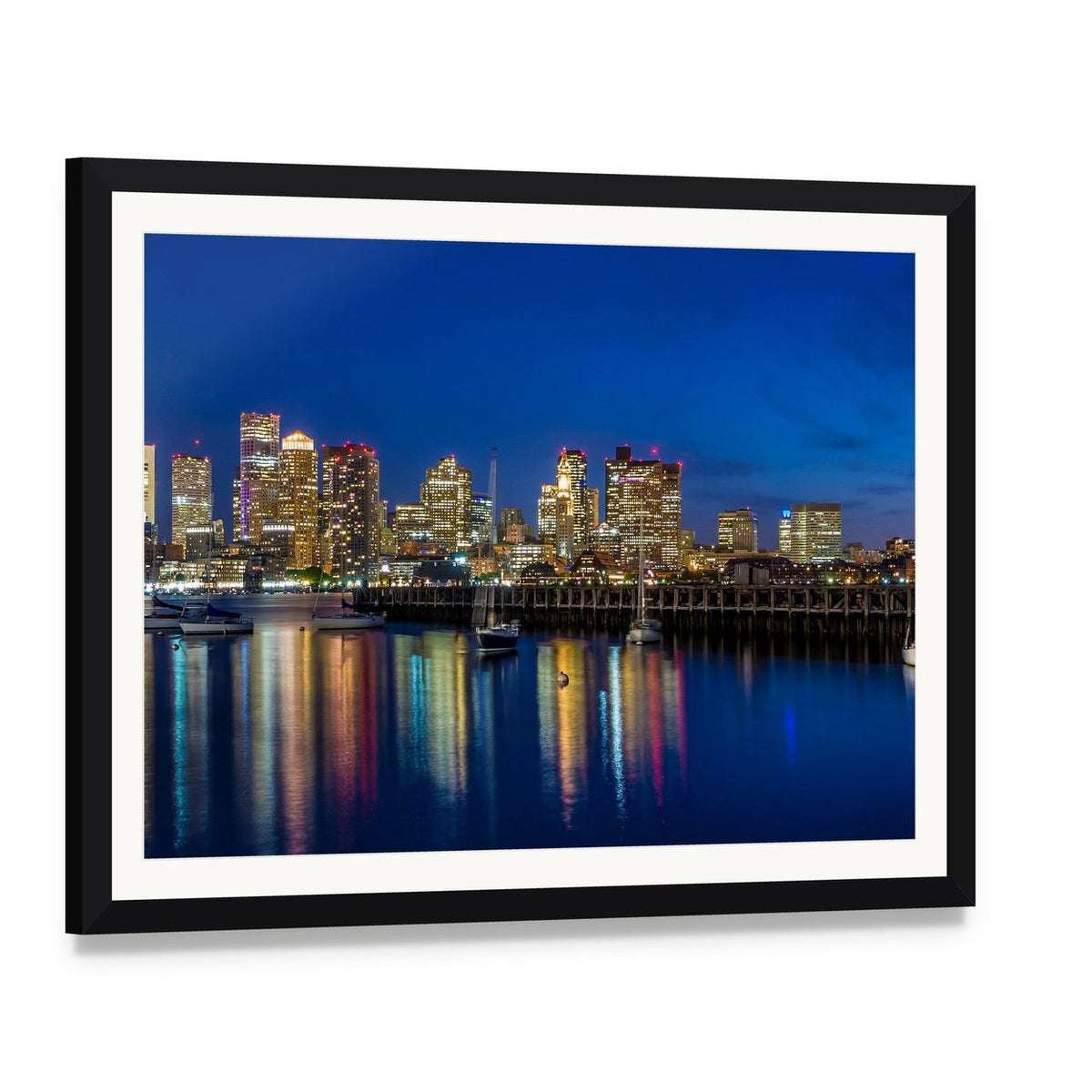 Boston Skyscrapers at Twilight Canvas Wall Art, framed print with white mat and black frame, angled product view